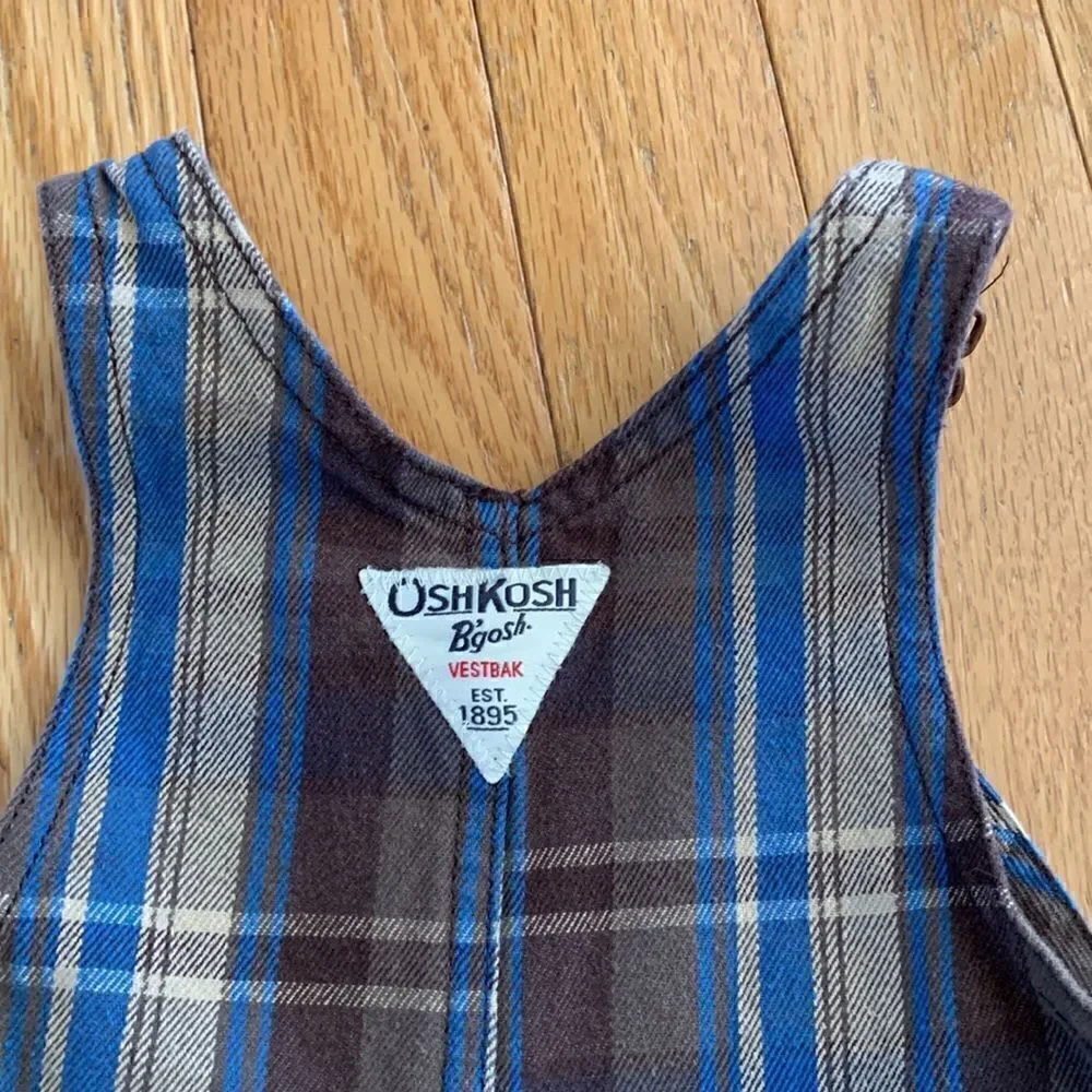 OshKosh B’Gosh‎ Vintage Vestbak Brown Plaid Baby Boy Bib Overalls size 3 month’s
